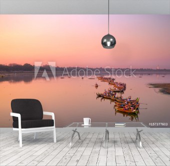 Picture of Traditional burmese boats on Taungthaman Lake at sunset in Amarapura Mandalay Myanmar